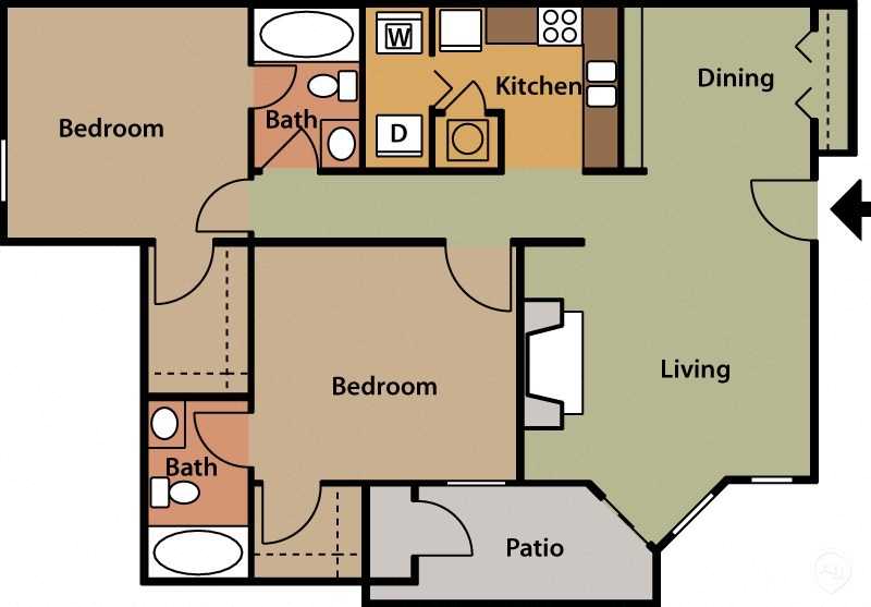 Floor plan for 2 beds, 2 baths, 1050 sqft
